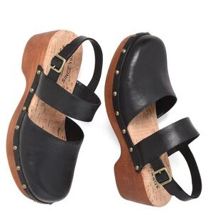 Kork-Ease Black Leather Platform Clogs with Brass Studs